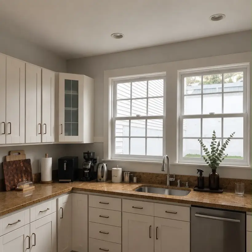 Kitchen under twin windows