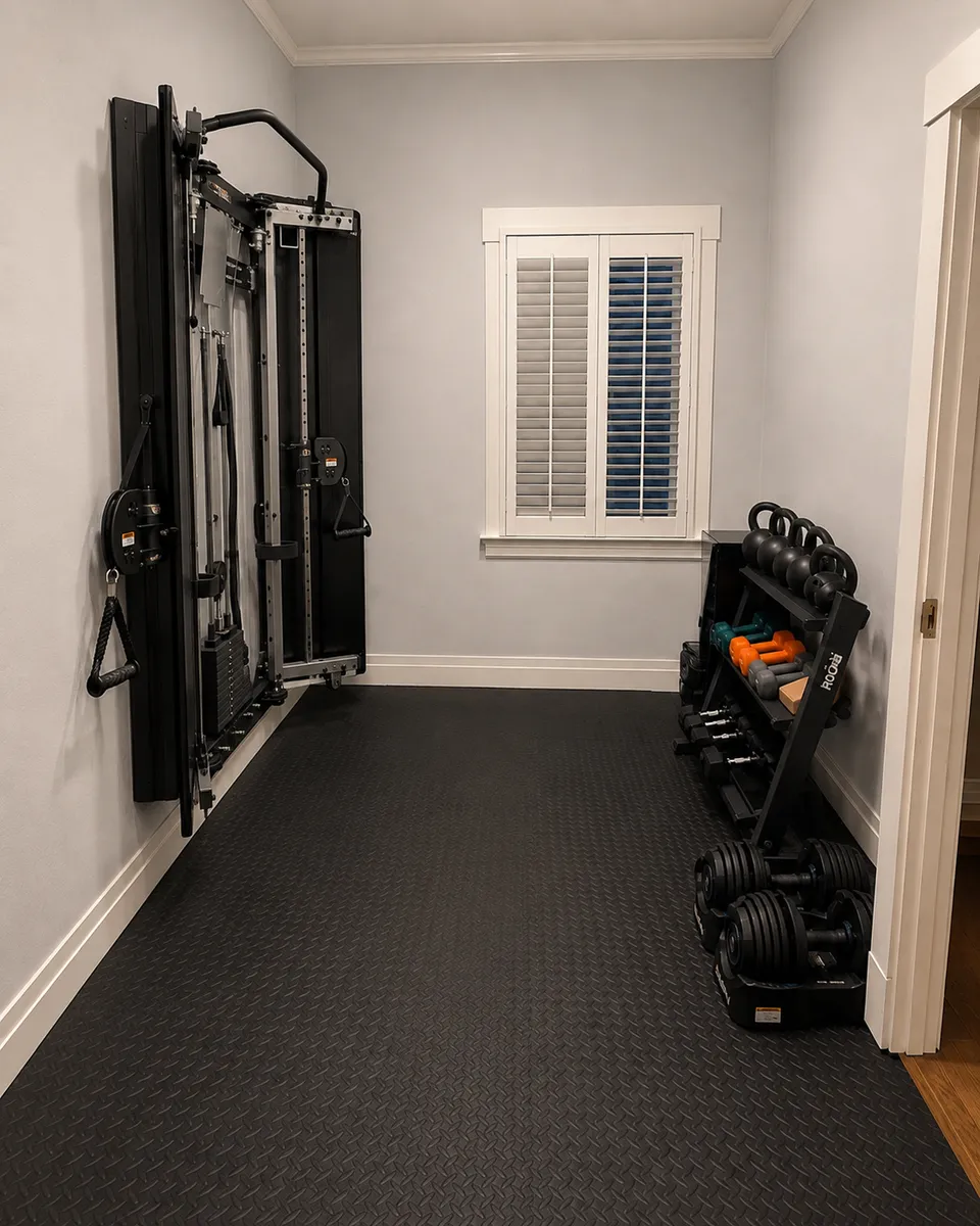 The home gym — Torque F9 cable trainer, dumbbells, and kettlebells